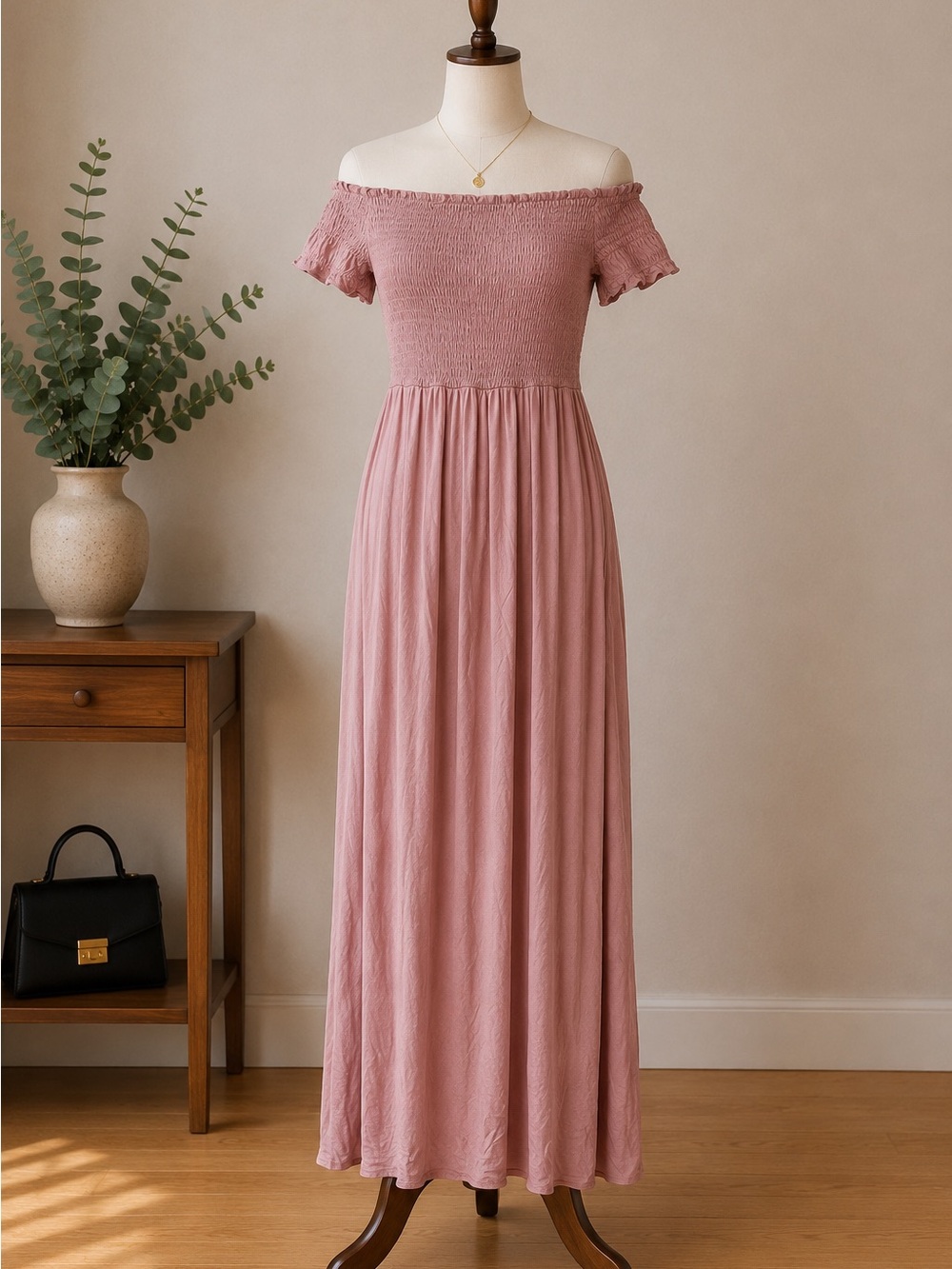 NWOT Pink Rose Dusty Rose Off Shoulder Smocked Maxi Dress Boho Size Medium